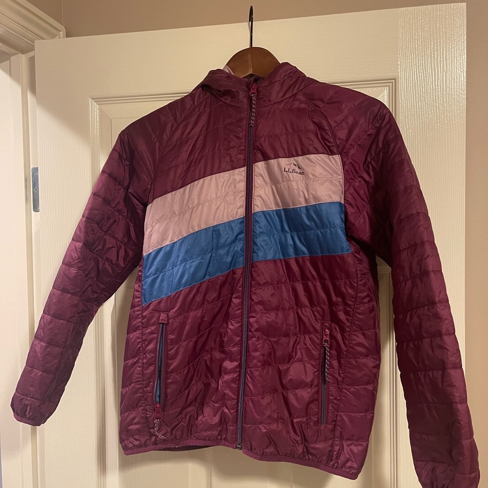 L.L. Bean Kids Puffer Jacket - Maroon, Light Pink, and Blue